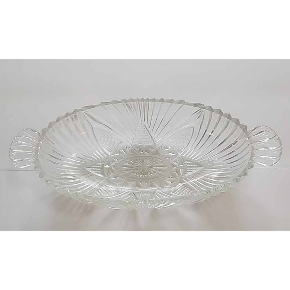 Vintage Clear Pressed Glass Relish Tray with Handles — Starburst Cut Pattern